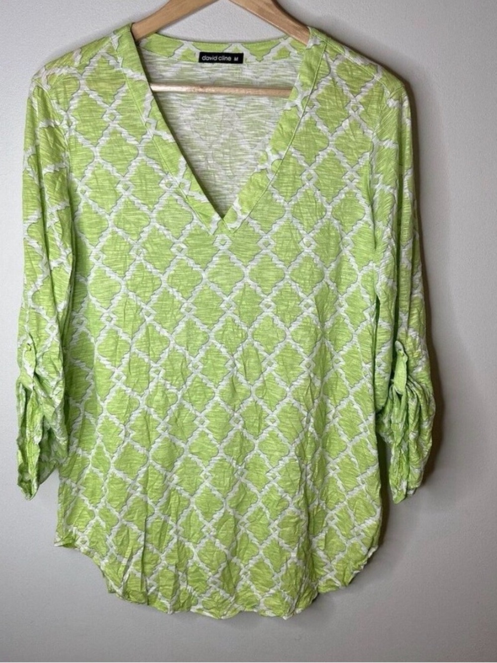 David Cline Lime Green and White V-Neck Patterned Blouse